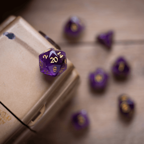 Dwarf Cut Purple Amethyst Gemstone Premium DND Dice Set - Bards & Cards