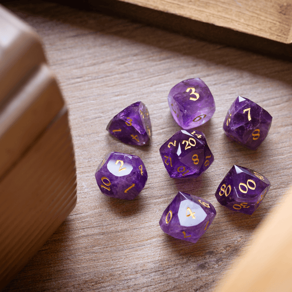 Dwarf Cut Purple Amethyst Gemstone Premium DND Dice Set - Bards & Cards