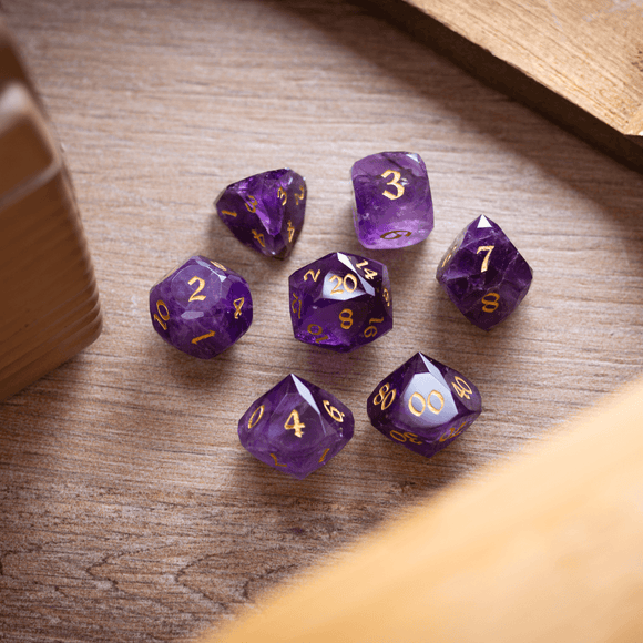 Dwarf Cut Purple Amethyst Gemstone Premium DND Dice Set - Bards & Cards