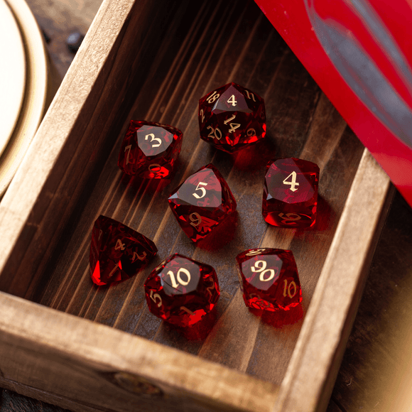 Dwarf Cut Red Gemstone Glass Premium DND Dice Set - Bards & Cards