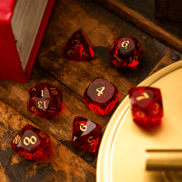 Dwarf Cut Red Gemstone Glass Premium DND Dice Set - Bards & Cards
