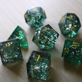 Elven Wood Green Forge Fire Glass DND Dice Set - Bards & Cards