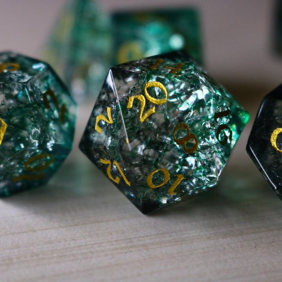Elven Wood Green Forge Fire Glass DND Dice Set - Bards & Cards