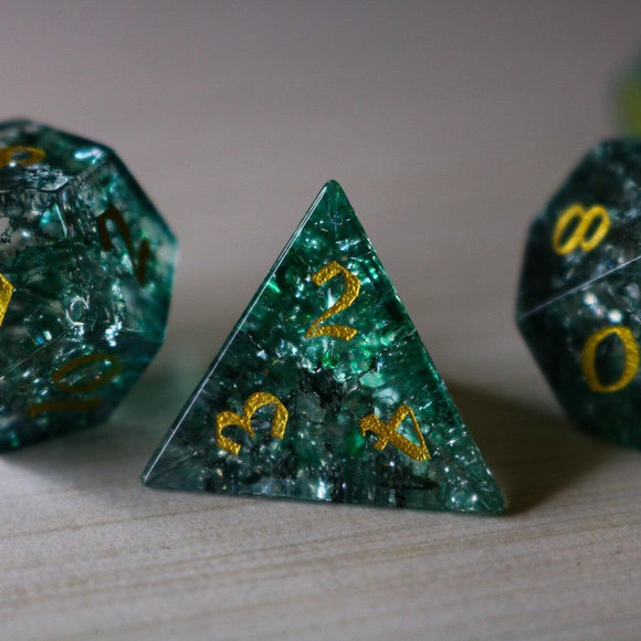 Elven Wood Green Forge Fire Glass DND Dice Set - Bards & Cards