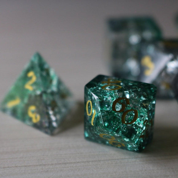 Elven Wood Green Forge Fire Glass DND Dice Set - Bards & Cards