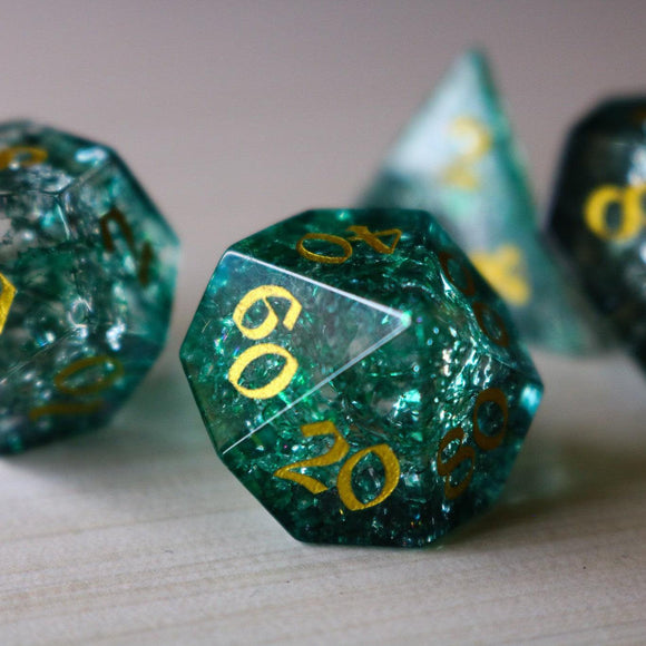 Elven Wood Green Forge Fire Glass DND Dice Set - Bards & Cards