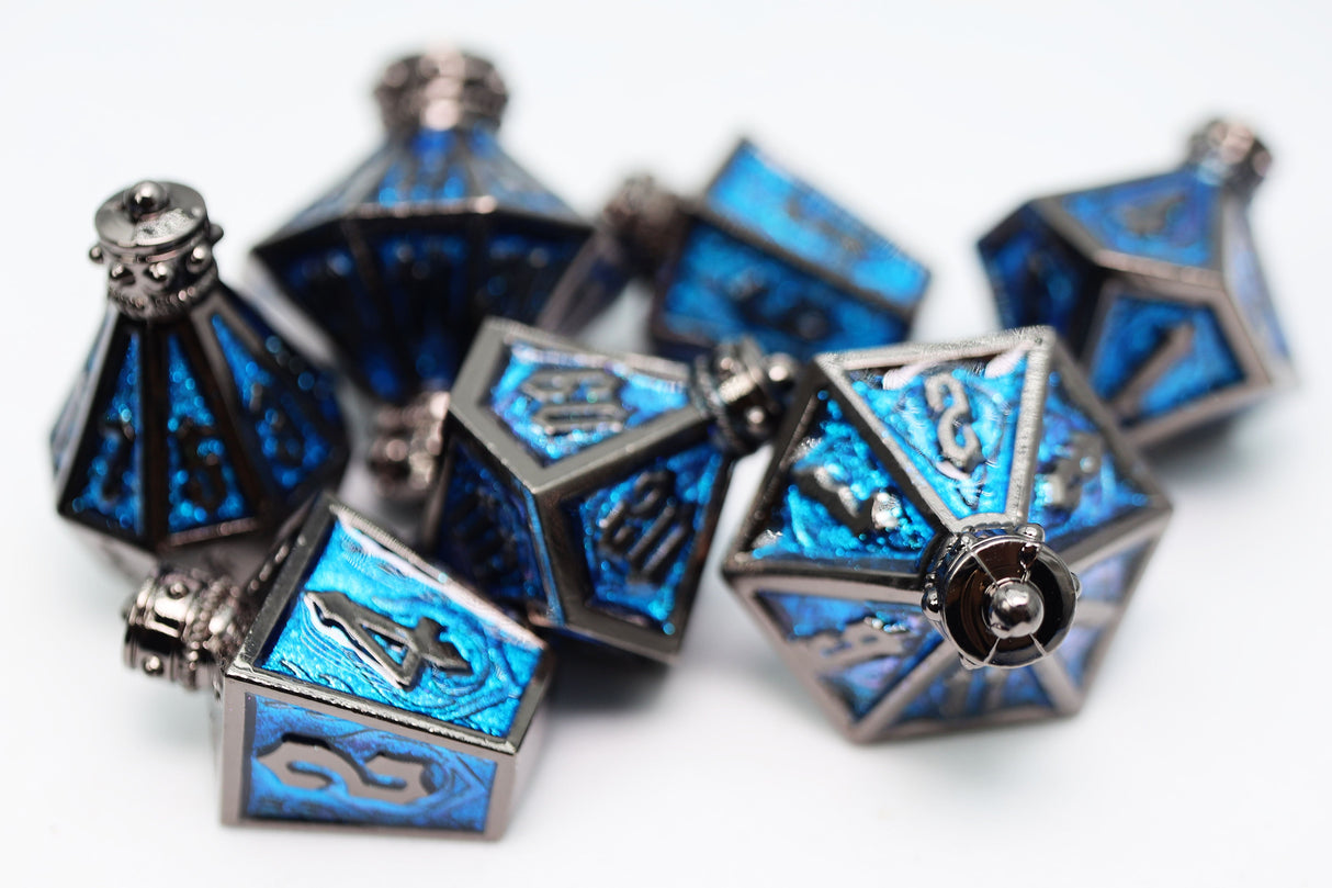 Moonlit Lantern: Midnight Frostfire - Metal RPG Dice Set