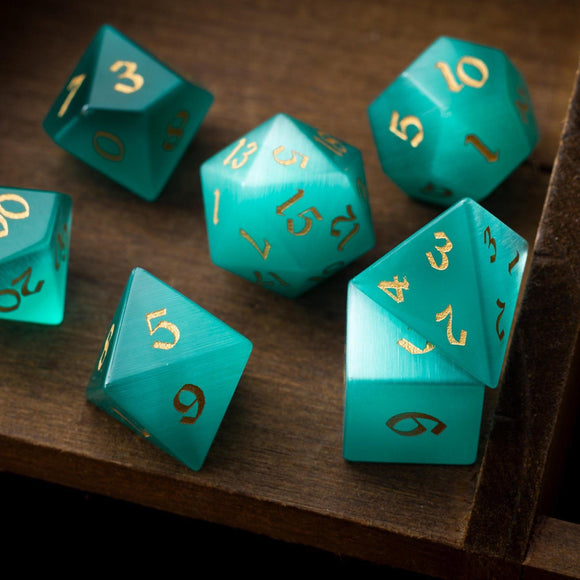 Gemstone Aquamarine Cats Eye Stone Hand Carved DND Dice Set - Bards & Cards