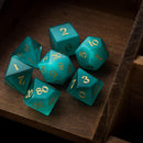 Gemstone Aquamarine Cats Eye Stone Hand Carved DND Dice Set - Bards & Cards