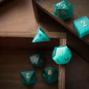 Gemstone Aquamarine Cats Eye Stone Hand Carved DND Dice Set - Bards & Cards