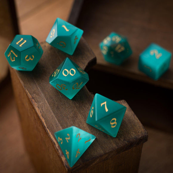 Gemstone Aquamarine Cats Eye Stone Hand Carved DND Dice Set - Bards & Cards