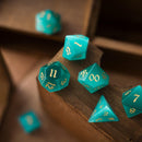 Gemstone Aquamarine Cats Eye Stone Hand Carved DND Dice Set - Bards & Cards