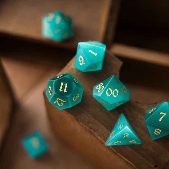 Gemstone Aquamarine Cats Eye Stone Hand Carved DND Dice Set - Bards & Cards