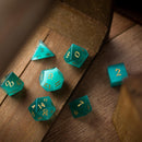 Gemstone Aquamarine Cats Eye Stone Hand Carved DND Dice Set - Bards & Cards