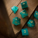 Gemstone Aquamarine Cats Eye Stone Hand Carved DND Dice Set - Bards & Cards