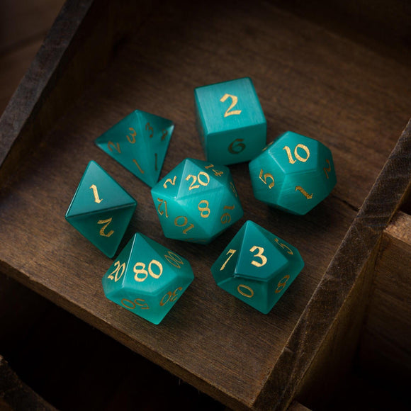 Gemstone Aquamarine Cats Eye Stone Hand Carved DND Dice Set - Bards & Cards