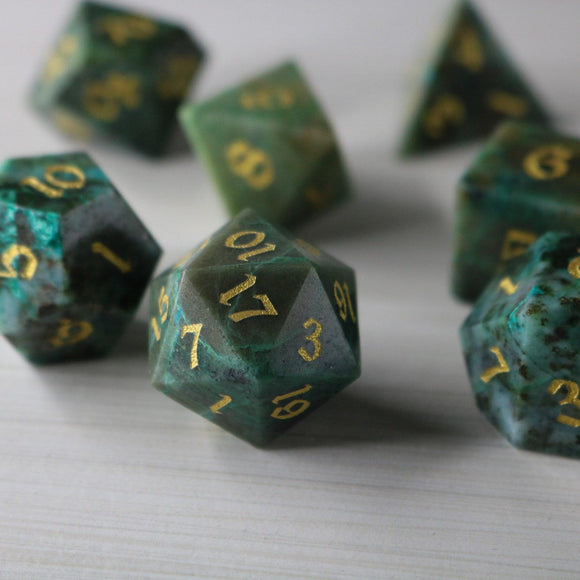 Gemstone Azurite Hand Carved DND Dice Set - Bards & Cards