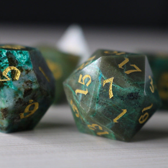 Gemstone Azurite Hand Carved DND Dice Set - Bards & Cards