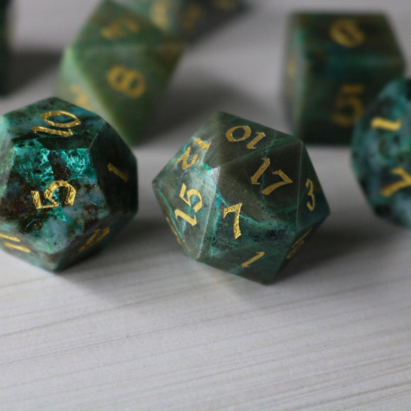 Gemstone Azurite Hand Carved DND Dice Set - Bards & Cards