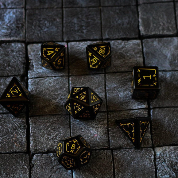 Gemstone Black Dragon Shield Night Obsidian DND Dice Set - Bards & Cards