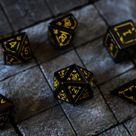 Gemstone Black Dragon Shield Night Obsidian DND Dice Set - Bards & Cards