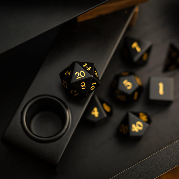 Gemstone Black Night Obsidian Hand Carved DND Dice Set - Bards & Cards