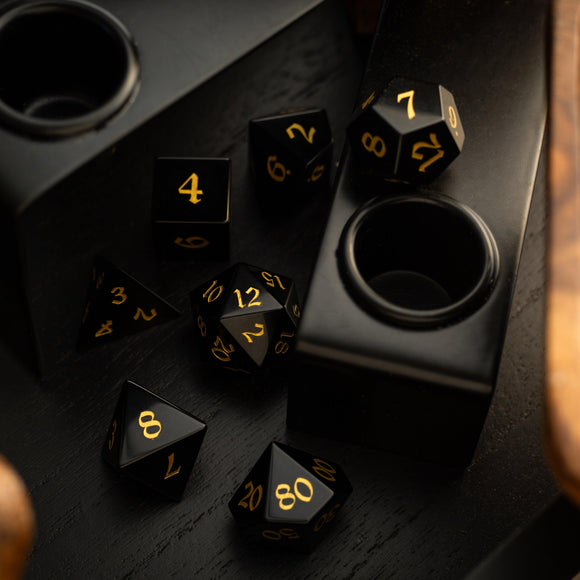 Gemstone Black Night Obsidian Hand Carved DND Dice Set - Bards & Cards