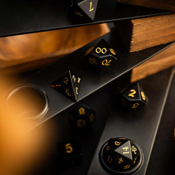 Gemstone Black Night Obsidian Hand Carved DND Dice Set - Bards & Cards