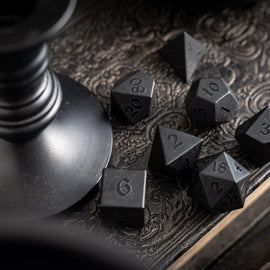 Gemstone Black Night Raised Obsidian Hand Carved DND Dice Set - Bards & Cards