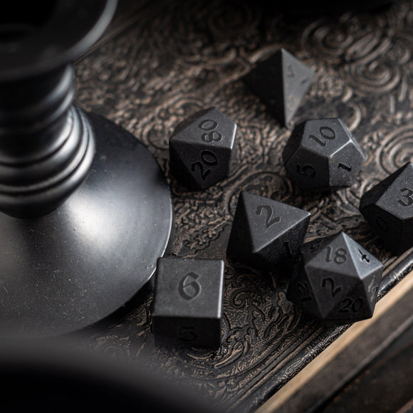 Gemstone Black Night Raised Obsidian Hand Carved DND Dice Set - Bards & Cards