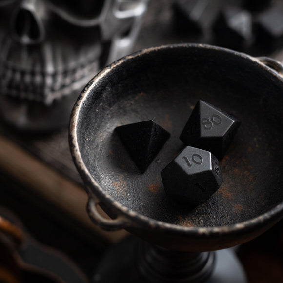Gemstone Black Night Raised Obsidian Hand Carved DND Dice Set - Bards & Cards