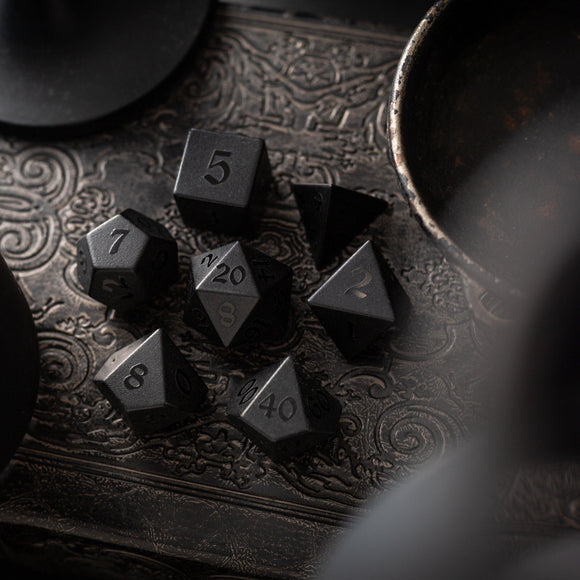 Gemstone Black Night Raised Obsidian Hand Carved DND Dice Set - Bards & Cards