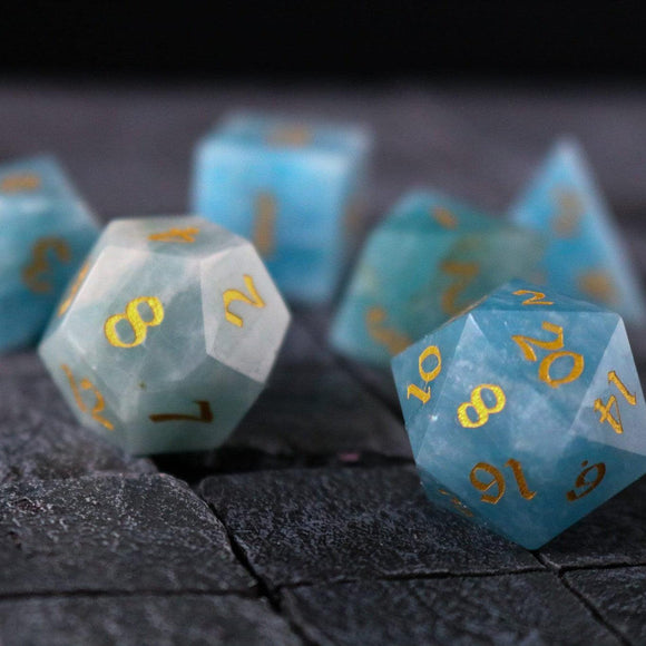 Gemstone Blue Aquamarine Stone Hand Carved DND Dice Set - Bards & Cards