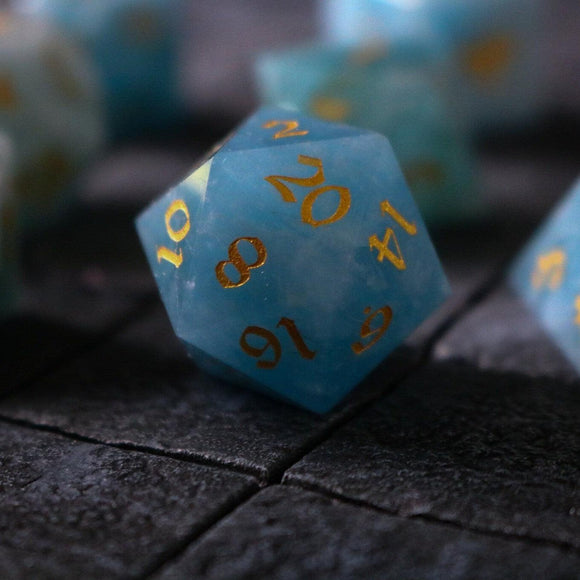 Gemstone Blue Aquamarine Stone Hand Carved DND Dice Set - Bards & Cards