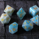 Gemstone Blue Aquamarine Stone Hand Carved DND Dice Set - Bards & Cards