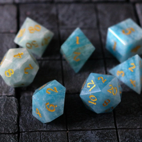 Gemstone Blue Aquamarine Stone Hand Carved DND Dice Set - Bards & Cards