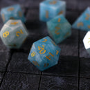 Gemstone Blue Aquamarine Stone Hand Carved DND Dice Set - Bards & Cards
