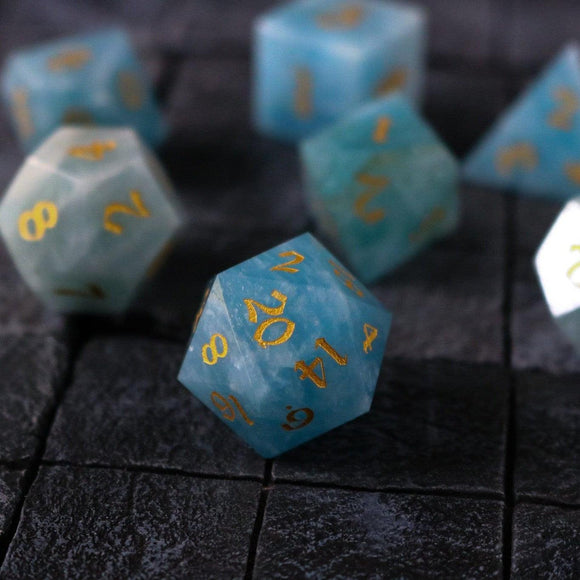 Gemstone Blue Aquamarine Stone Hand Carved DND Dice Set - Bards & Cards