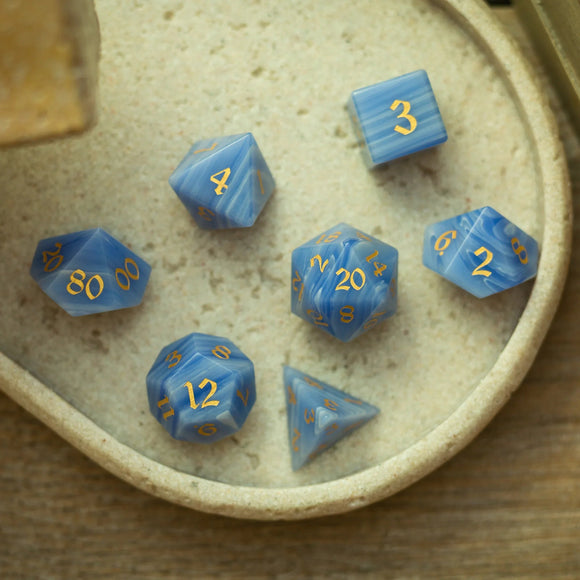 Gemstone Blue Lace Agate Eye Stone Hand Carved DND Dice Set - Bards & Cards