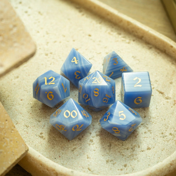 Gemstone Blue Lace Agate Eye Stone Hand Carved DND Dice Set - Bards & Cards