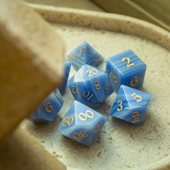 Gemstone Blue Lace Agate Eye Stone Hand Carved DND Dice Set - Bards & Cards