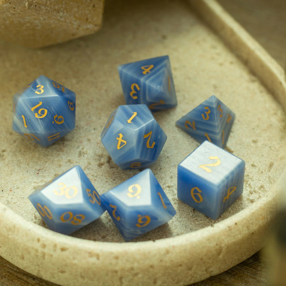Gemstone Blue Lace Agate Eye Stone Hand Carved DND Dice Set - Bards & Cards