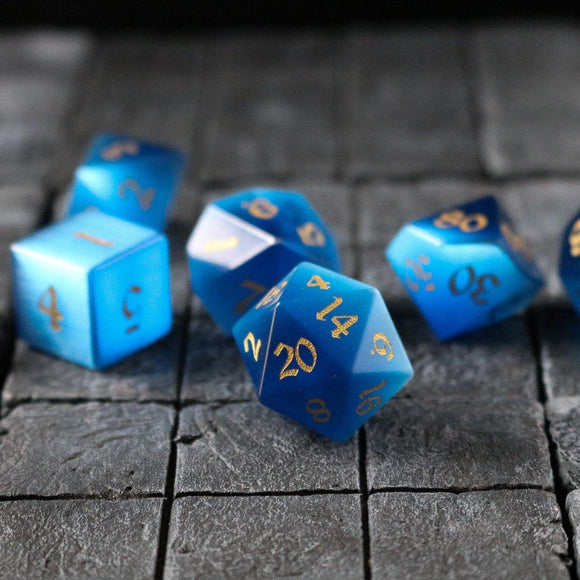 Gemstone Dark Blue Cats Eye Stone Hand Carved DND Dice Set - Bards & Cards