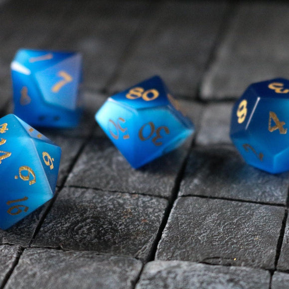 Gemstone Dark Blue Cats Eye Stone Hand Carved DND Dice Set - Bards & Cards