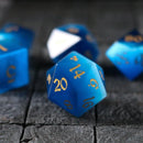 Gemstone Dark Blue Cats Eye Stone Hand Carved DND Dice Set - Bards & Cards