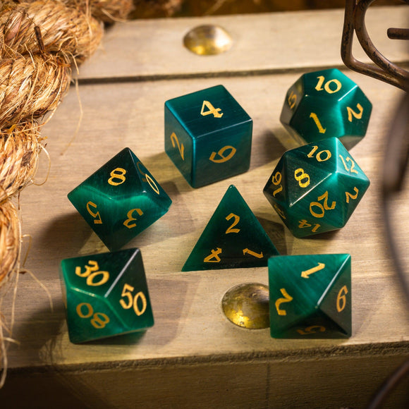 Gemstone Dark Green Cats Eye Stone Hand Carved DND Dice Set - Bards & Cards