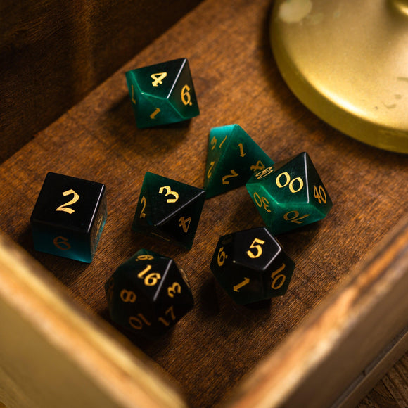 Gemstone Dark Green Cats Eye Stone Hand Carved DND Dice Set - Bards & Cards