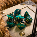Gemstone Dark Green Cats Eye Stone Hand Carved DND Dice Set - Bards & Cards