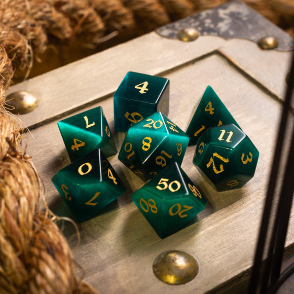 Gemstone Dark Green Cats Eye Stone Hand Carved DND Dice Set - Bards & Cards
