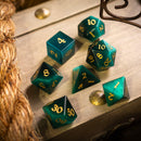 Gemstone Dark Green Cats Eye Stone Hand Carved DND Dice Set - Bards & Cards